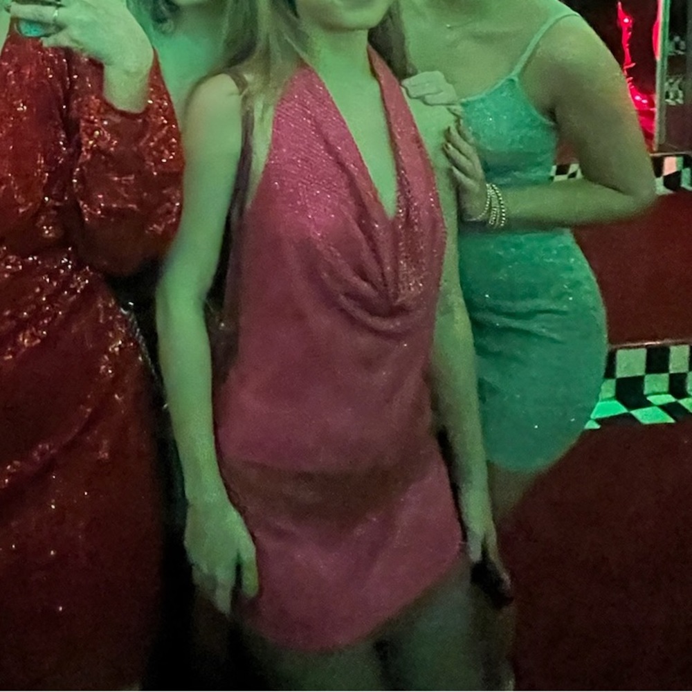 REVOLVE Pink Metallic Mesh Halter Mini Dress - Picture 6 of 7